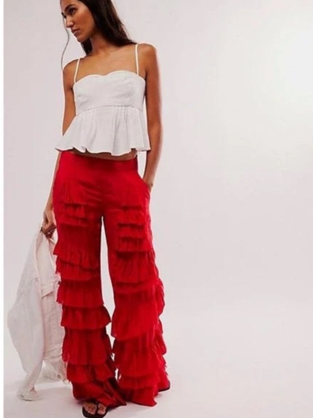 Free People Rock and Frill Ruffle Wide Leg Pants Medium Red Dhalia Rare